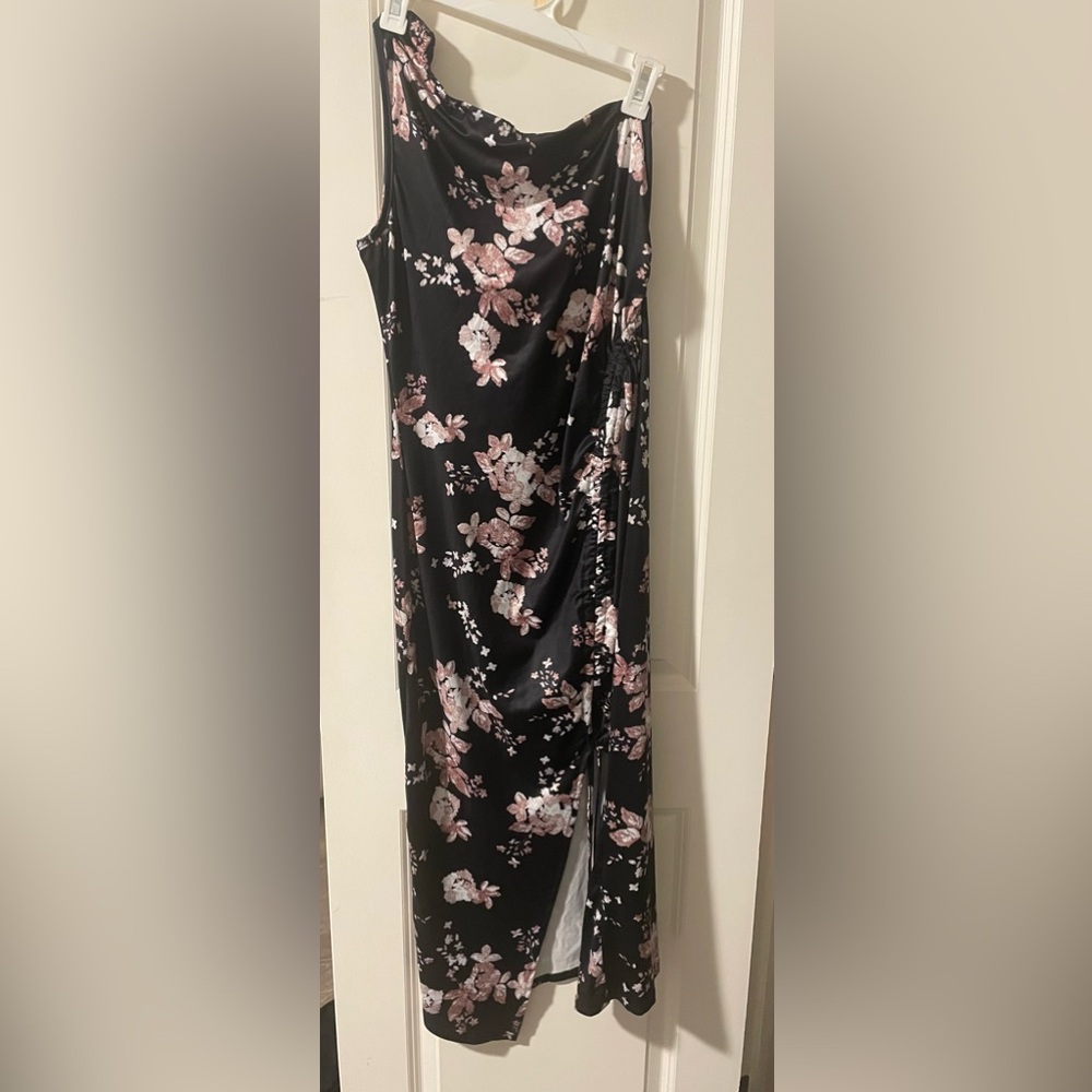 Floral One Shoulder Black and Pink Maxi Dress